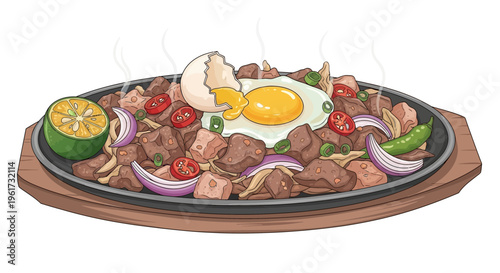 Sizzling Beef Sisig with Egg and Lime - Filipino Food Illustration