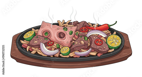 Sizzling Hot Plate of Meat and Fries with Chili and Lime