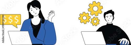 Two professionals collaborating remotely with one focusing on finances and the other on technical development