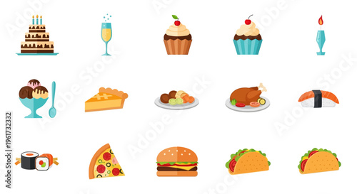 Variety of Tasty Food Icons Displayed.