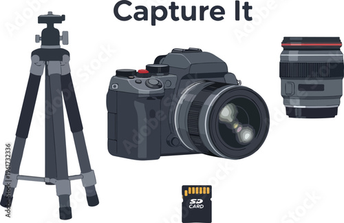 Photography equipment including a camera, tripod, lens, and memory card, ready for capturing images