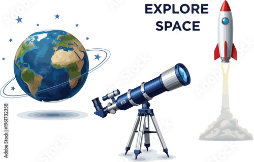 Embark on a cosmic journey with a telescope and rocket, exploring the wonders of the universe and distant galaxies