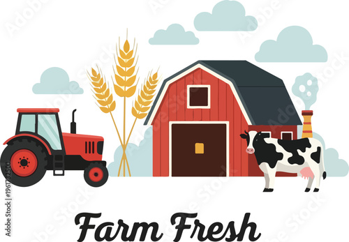 A vibrant illustration of a farm scene featuring a red tractor, a barn, a cow, and wheat stalks, symbolizing fresh produce and rural life
