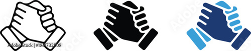 three soul handshake icon set in outline black and blue flat design for friendship unity brotherhood teamwork and partnership concepts