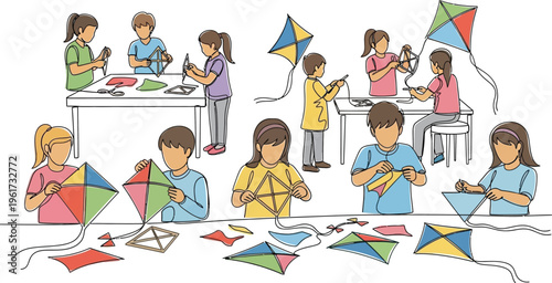 kids making colorful kites in classroom
