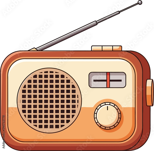 A classic portable radio with an antenna, speaker, and tuning dial, featuring a retro design in orange and brown colors, on a white background.