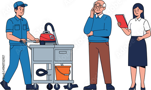 Professional Cleaning Service Worker with Equipment Cart Talking to Clients Illustration Janitor Maintenance and Facility Management Concept