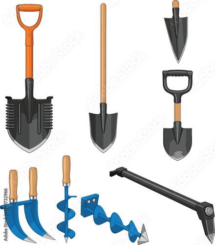 Professional Gardening and Construction Tools Collection with Shovels, Auger Drill, Cultivator, and Ground Hole Digger Equipment Isolated for Farming and Landscaping