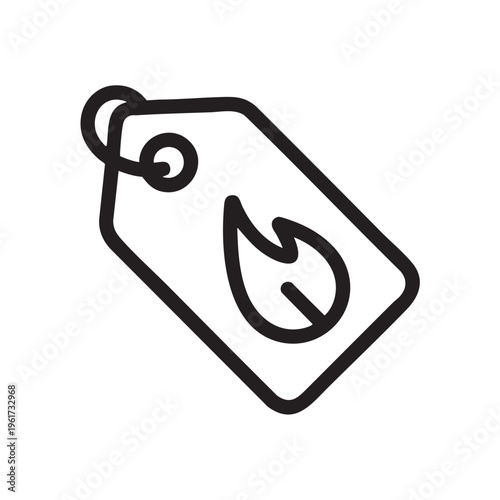 A black line drawing of a price label with a flame symbol is shown on a white background in a simple graphic illustration style.