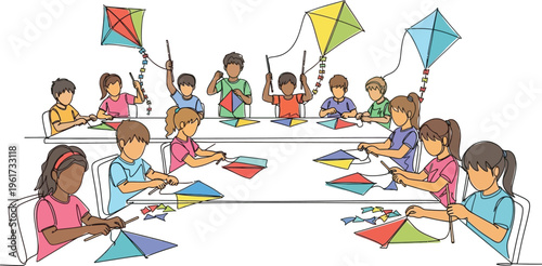 children making colorful kites in classroom