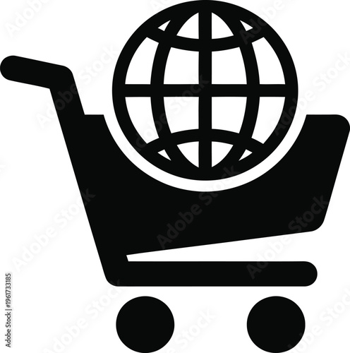 Black shopping cart with globe, e-commerce symbol, global shopping icon
