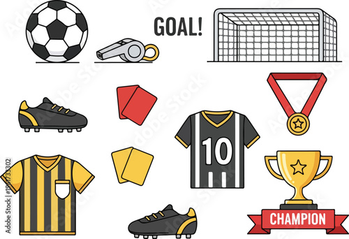 Football and Soccer Sports Equipment Icons and Graphics for Game Day Celebrations and Competitions