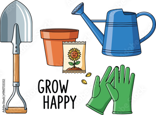 Gardening tools and supplies for a successful and happy garden with seeds, pot, shovel, watering can and gloves