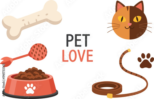 Collection of pet care items, toys, and food bowls, symbolizing love for animals