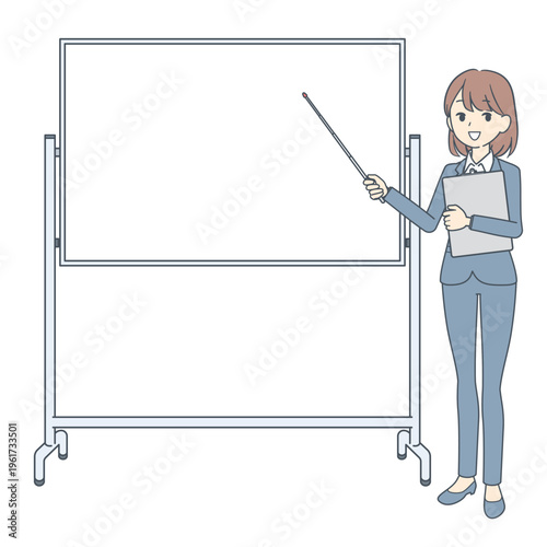 ホワイトボードの前に立つ、指示棒を持った若いビジネスウーマンのイラスト