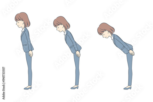 お辞儀をする角度のイラストセット　若いビジネスウーマン