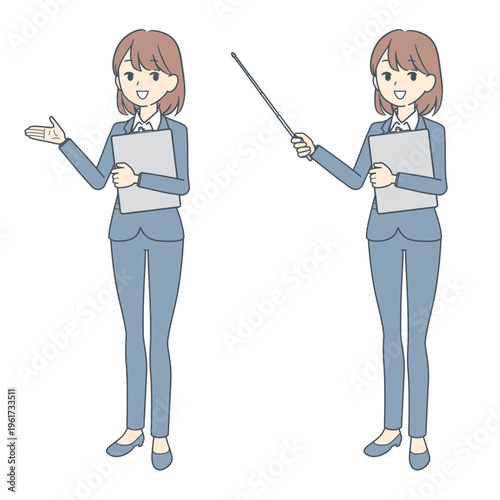 クリップボードを持って話す若いビジネスウーマンのイラスト　2種