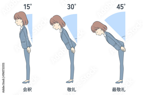 お辞儀をする角度のイラストセット　若いビジネスウーマン