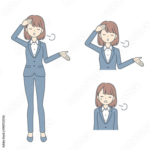 呆れてため息をつく若いビジネスウーマンのイラスト　セット