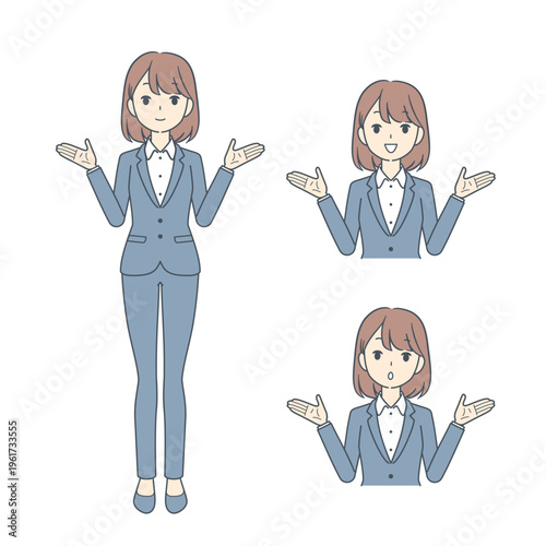 両手を挙げた若いビジネスウーマンのイラスト　セット