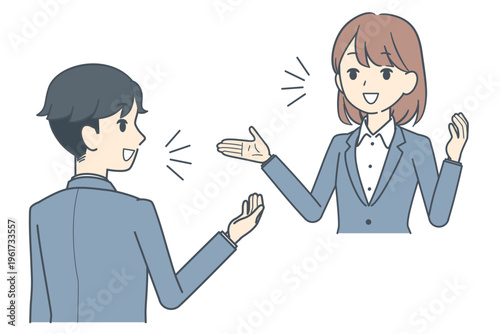 会話する若いビジネスマンと若いビジネスウーマンのイラスト　上半身　会議