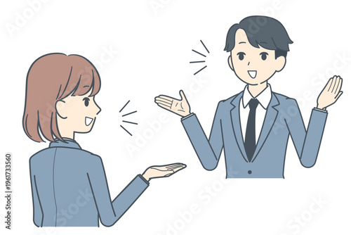 会話する若いビジネスマンと若いビジネスウーマンのイラスト　上半身　会議