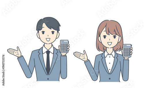電卓を持つ若いビジネスマンと若いビジネスウーマンのイラスト 上半身