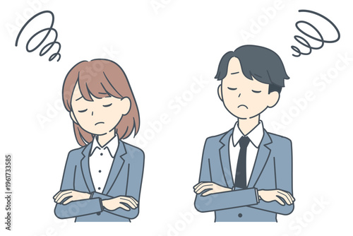 腕を組んで考え込む若いビジネスマンとビジネスウーマンのイラスト