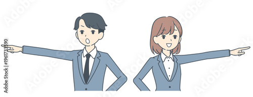 前方をまっすぐ指さす若いビジネスマンとビジネスウーマンのイラスト 上半身
