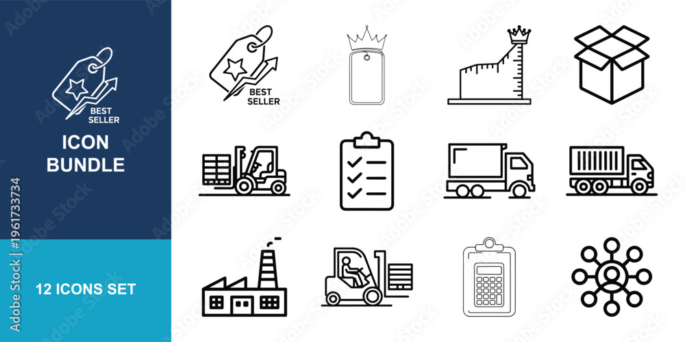 Fototapeta premium This set of twelve monochrome vector symbols illustrates themes of commerce, shipping, manufacturing, and inventory management for business applications.