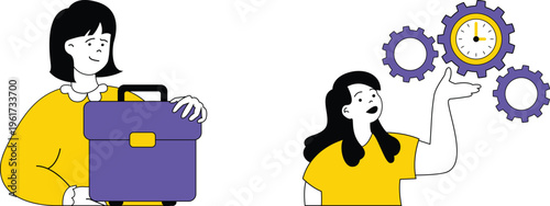 Two women discussing work efficiency with tools and time management symbols around them cheerfully