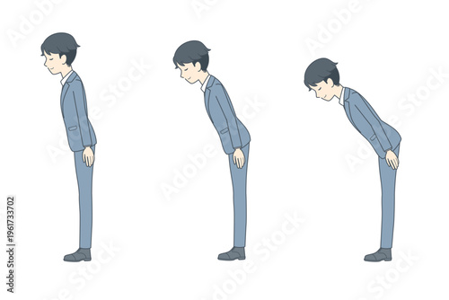 お辞儀をする角度のイラストセット　若いビジネスマン