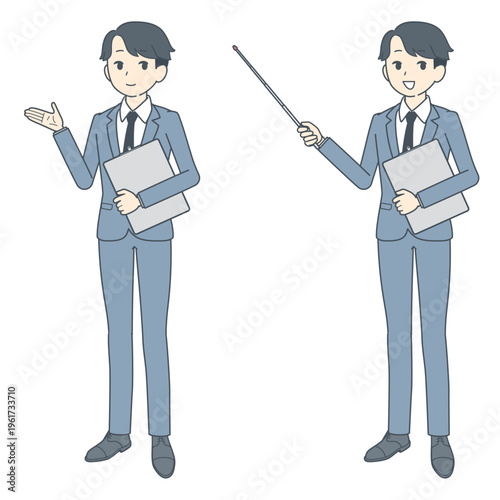 クリップボードを持って話す若いビジネスマンのイラスト　2種