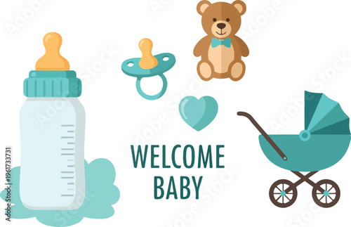 Set of cute baby items including a feeding bottle, pacifier, teddy bear, heart, stroller, and 'Welcome Baby' text, perfect for newborn celebrations and nursery decor