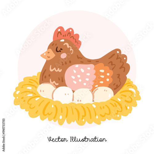 Hen Sitting On Eggs Nest Cute Illustration