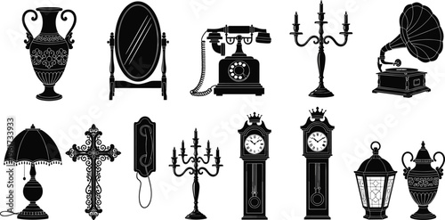 Vintage antique objects vector set classic furniture decor telephone gramophone clock candelabra lamp silhouettes retro collection isolated illustration design