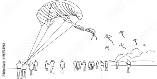 parachute jumping group, people landing safely