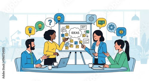 Collaborative brainstorming session with diverse team members presenting ideas.