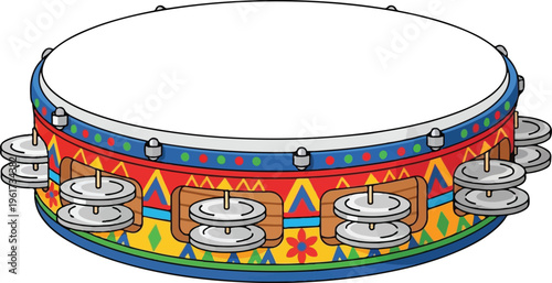 A colorful tambourine musical instrument featuring a vibrant pattern and silver metal jingles