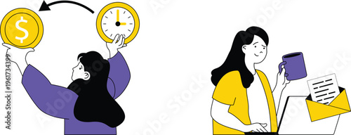 Two individuals balancing money, time, and work-life harmony through modern and traditional approaches