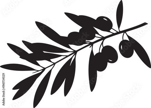 Olive branch, black silhouette, vector icon, leafy symbol