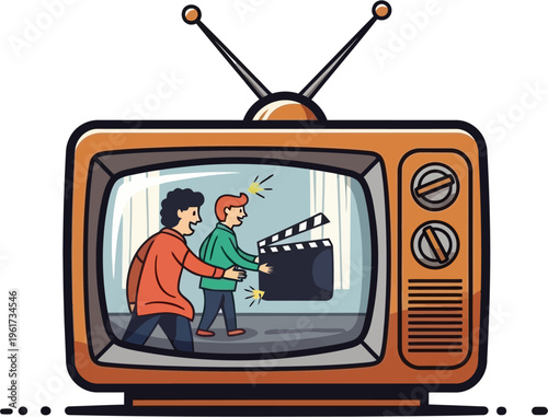 Cartoon illustration of two people filming a scene inside a vintage television set, depicting movie production.
