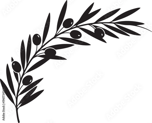 Olive branch, black silhouette, vector icon, leafy symbol