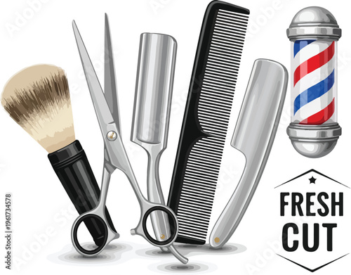 Barber shop accessories for a fresh haircut, featuring scissors, comb, straight razor, and shaving brush