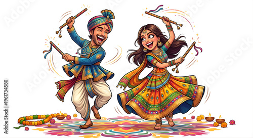 Navratri Garba Dance Couple Caricature Vector Illustration Isolated