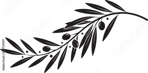 Olive branch vector, black silhouette, leafy greenery, botanical icon