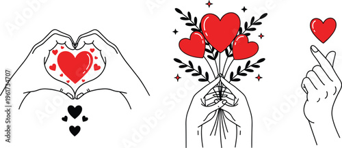 Hands with heart gestures, love bouquet illustration, finger heart symbol, romantic design, affection artwork, emotional expression, caring gesture, relationship icon
