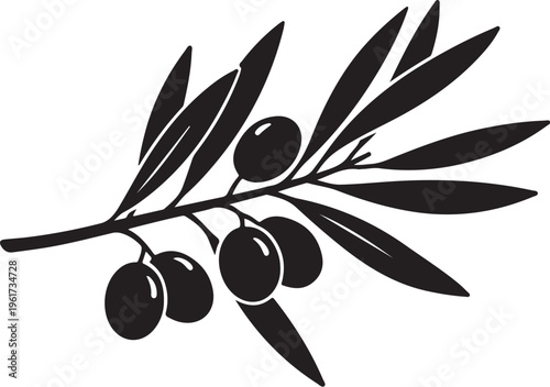 Olive branch vector, black silhouette icon, leafy tree symbol, food illustration