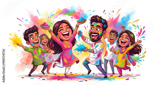 Holi Festival Friends Playing Colors Caricature Vector Illustration Isolated