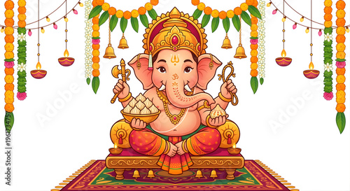 Lord Ganesha Festival Caricature Cute Vector Illustration Isolated